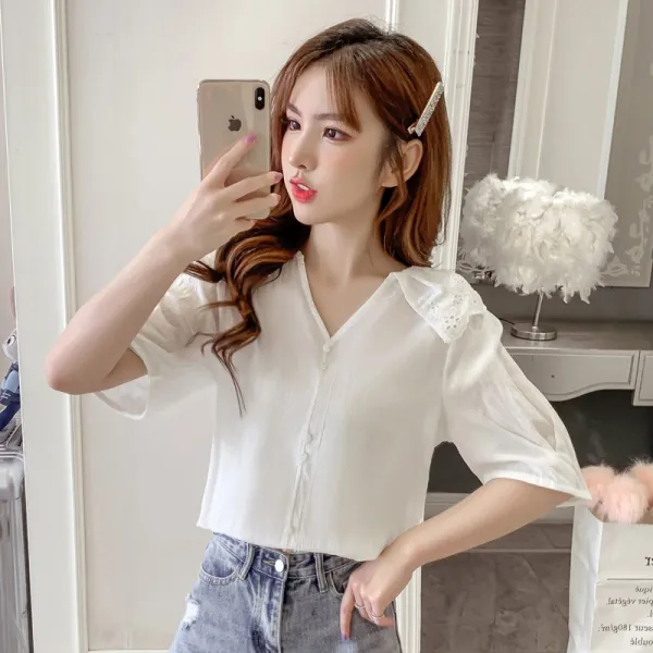 여성 반팔 셔츠 여름복 2020 서구식 슬림 인형 넥 상의 여 패션