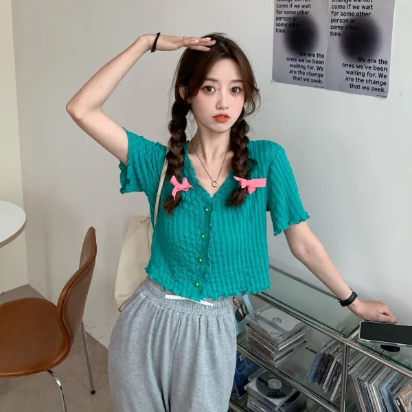 꽃다운 마음 여자 상의 페블럼라인 주름 브이넥가디건 달콤하고 맵다 스타일리시 이지 우아한 큐트
