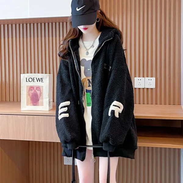 스타일아유 기모 후리스 뽀글이자켓 여성 겨울 아우터 레터링 기모 집업 후드티