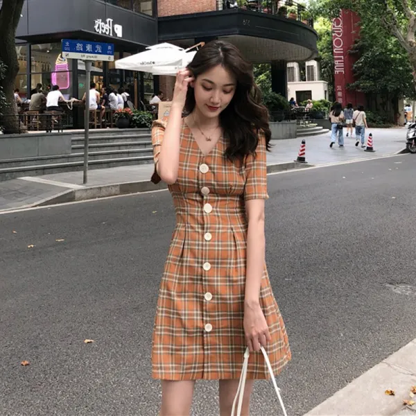 염세풍 상 계 지훈 프렌치 도라지 스커트 자녀 하초 선녀 하이 허리 날씬해 보이고 향풍 체크 원피스