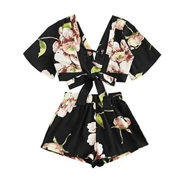 SheIn Womens 2 피스 세트 급락 V 넥 Fower 인쇄 타이 백 자르기 상단과 반바지 PROD2270000894