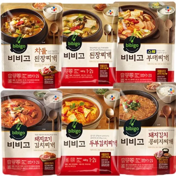 hj마켓 CJ 비비고 즉석 찌개6종(스팸부대찌개+차돌된장찌개+돼지고기 김치찌개+두부김치찌개+돼지김치 콩비지찌개+된장찌개) 1세트, 1세트
