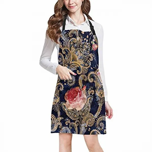 InterestPrint 화려한 페이즐리와 꽃 장미 주머니와 인도 스타일 조절 턱 받이 앞치마-상업적인 레스토랑 및 가정 부엌 조정 가능한 앞치마 플러스 크기, 디자인 # 10