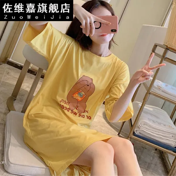 레이빈컴퍼니 여름오프숄더원피스 자다 여성 트렌드 어깨트임 면 얇은 빅사이즈파자마 실내복 홈웨어