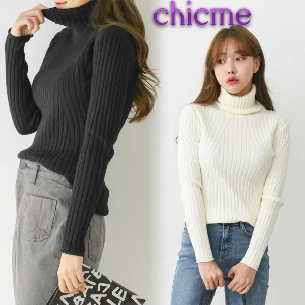Chicme 시크미 여성 사선 골지 니트 목폴라 티셔츠 긴팔