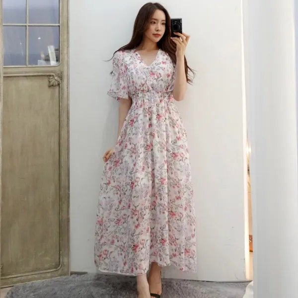 이힝 프라우 플라워 브이넥 쉬폰 롱원피스