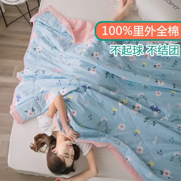 100 이외 전 면 여름 쿨링 이불 순면 에어컨 1인 2인용 워싱 가능 솜 얇은 봄 가을 플라워
