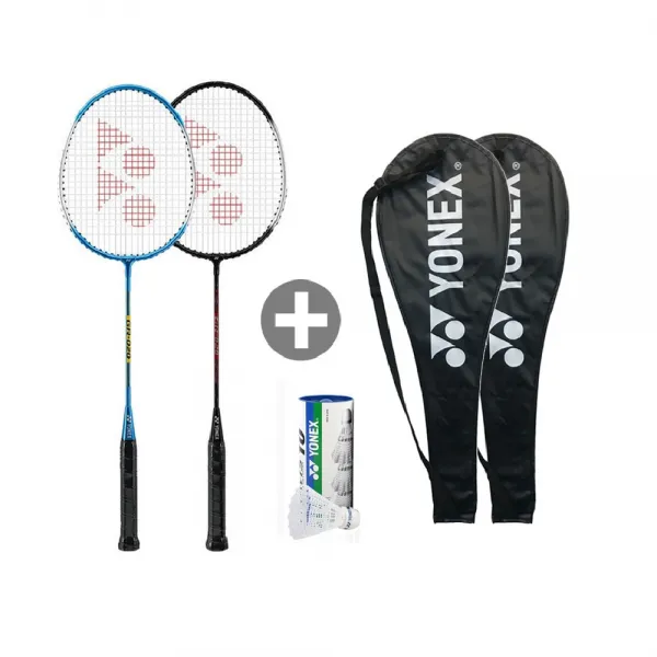 레저용 학교체육용 요넥스 배드민턴라켓 2개 세트 + 셔틀콕(3pcs) 1통, 요넥스 GR020(블랙+블루) + 셔틀콕(3pcs)