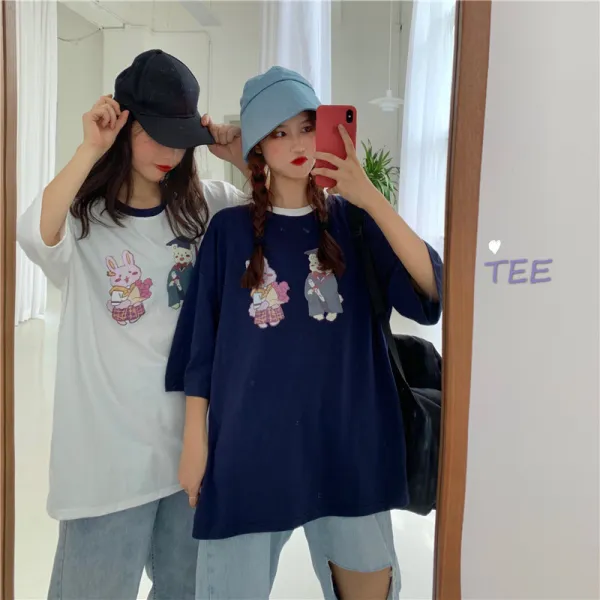 오리지널 학 졸업토끼 박시 반팔 규합 커플t[티셔츠0010]