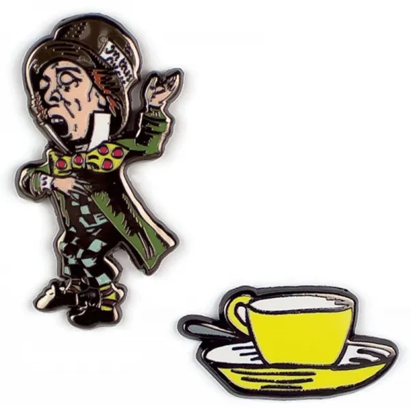 실직자 철학자 길드 매드 해터와 찻잔 에나멜 핀 세트 2 개의 독특한 색상의 금속 옷깃 핀