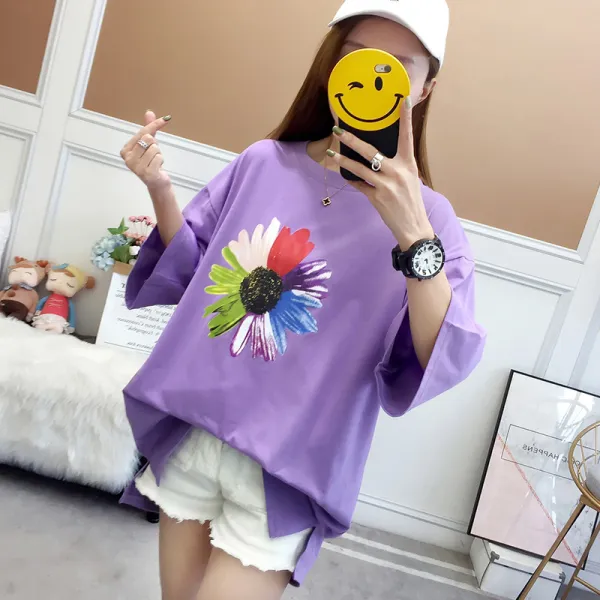 SIMKUNG 심쿵마켓 빅사이즈 오버핏 프린트 플라워 루즈핏 반팔 티셔츠