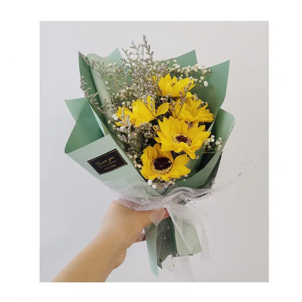 비누꽃 해바라기 별가득한하늘 드라이플라워 꽃다발 동창생선물 단짝친구 여자친구 생일 졸업 성탄, T08-5개 해바라기 그린색 포장 중간사이즈