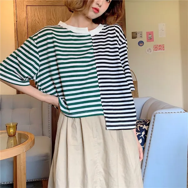  제로의옷장 여성티셔츠 반반 스트라이프 반팔 Bg0522s06