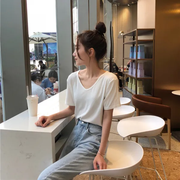 Zoneshop 여자 브이넥반팔티 셔츠 박스티 무지 맨투맨 옷x22