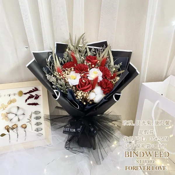말린 부케 건성 빔안개꽃가지 해바라기기 장미꽃비누 영생 트윈 생일 예의범절 포장 인 엄마, DK 레드 강백변 블랙 종이 _LED