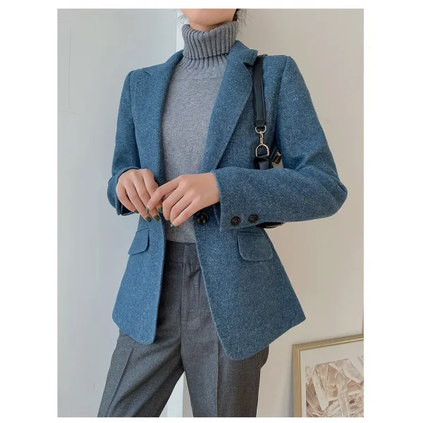 정장 코트 매우 있다 함양 회반죽 조 블루 오피스 멋지다 정방 양털 모직 한 톨 단추 여성 겨울 가을 2608139132