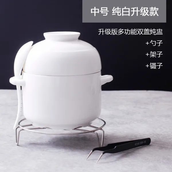 자기 항 (CiH) 세라믹 찜 잔 쌍 귀 찜 탕 잔 골자 간수 내 담금질 제비집 디저트 탕 잔 내 고온 탕 조 화 찜 잔 새하얀 그릇 뚜껑 속 550 ml 숟가락 + 핀셋 + 찜 대, 상세페이지 참조