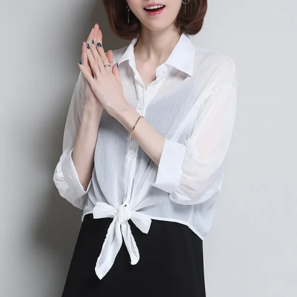 화이트 눈방 블라우스 여 숏 카디건 레이어드 여름 새 벨트 상의 자외선차단 외양기