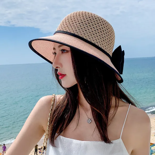 2022 봄가을 신상 모자 여성용 리본 그물눈 밀짚모자 자외선차단 햇볕모자 나들이 여행 햇모자