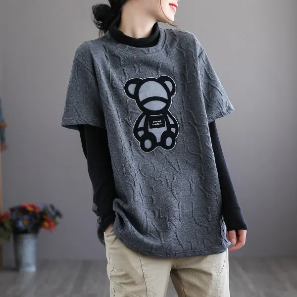 미싱달리다 대륵 오리지널제작 플란넬 곰돌이 와이드 루즈핏 캐쥬얼 자모가 있다 억누르다 면 핏아우터 사계절 반팔 상의