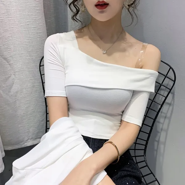 일자 어깨 반팔 여장 섹시 오프숄더 티셔츠 여 ins 초절정 토란 자줏빛 탑
