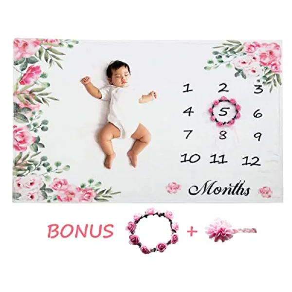 NMT 소녀를위한 귀여운 꽃 화환 머리띠를 가진 호화로운 아기 월간 이정표 담요 60 ″x 40″. 매력적인 컬러 풀 한 디테일의 장미 프린 - P076507Y9KL7LB8, 기본