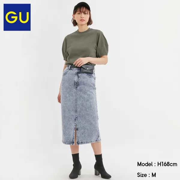 GU 극우수함 여자 룩데님 조판 미디스커트 워싱 소품 스타일리쉬 앞을 튼다 복고 스커트
