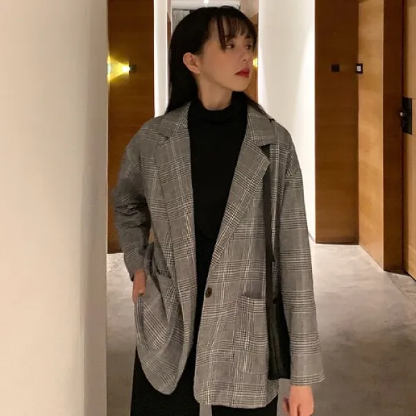 지비천사 가을 겨울 여성 트랜드 오버핏 싱글 더블 체크자켓 JE