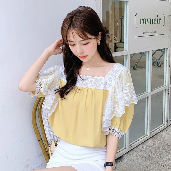 여름 신법식 궁중풍 복고방 넥 탑 레이스 스몰 셔츠 자수 반팔 눈방 블라우스 여