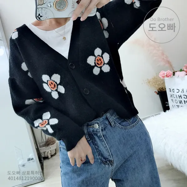 도오빠 오버핏 여성 가디건 브이넥 플라워 여자가디건 루즈핏 박시 귀여운 빅사이즈가디건 가을 겨울 긴팔 20대 30대 패션 데일리 캐주얼