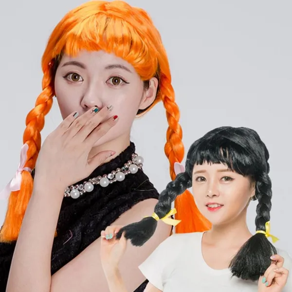 POOKAS 삐삐 코스프레 가발 양갈래 땋은 머리 코스튬 파티가발