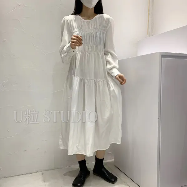 동상이몽 류이서 무지 주름 셔링 라운드넥 롱원피스