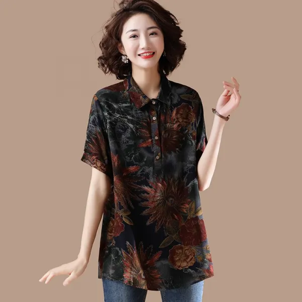 글로벌찜스 빅사이즈 반팔티 큰옷반팔티 구월맥묵 여름옷 루즈핏남방 셔츠 여성 플라워 프린트 LOPO셔츠 와이셔츠 반팔티셔츠