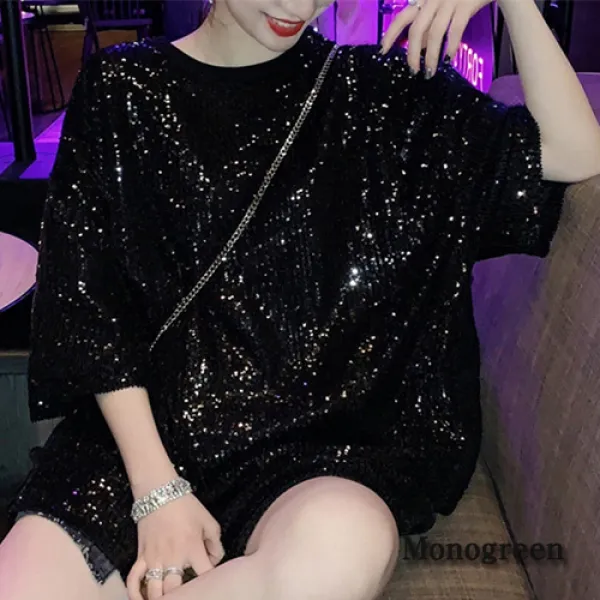 모노그린 스팽글 루즈핏 라운드넥 반팔티셔츠GC185390 반팔 티셔츠