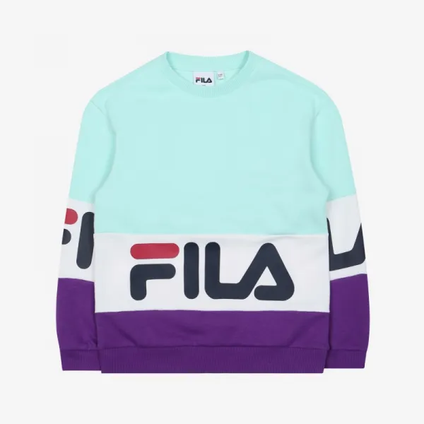 휠라키즈 FILA 시그니처 및 뉴 배색 컬러 조합과 하단 빅 로고 프린트가 특징적인 삼단 컬러 블록 맨투맨 FK2POC1203XMIT