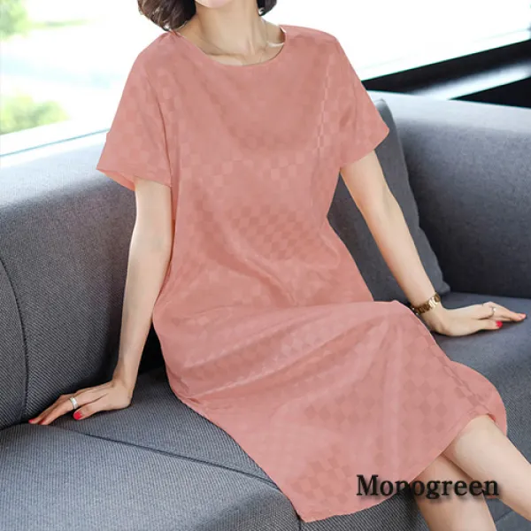 모노그린 레트로 격자 라운드넥 반팔 원피스 드레스ssdr344