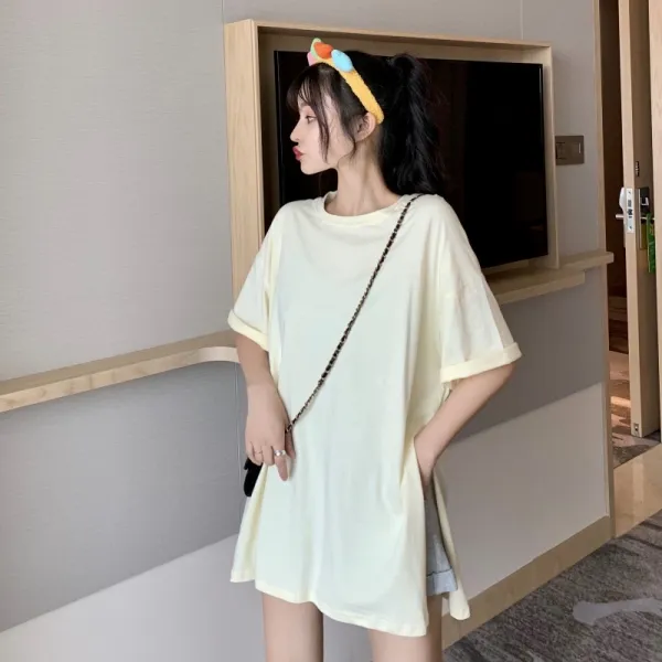 솔리드 컬러 심플 반팔 티셔츠 여성용 중간 길이 슬릿 탑