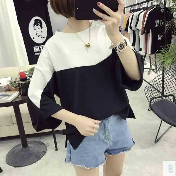 여름옷 라지 7부 소매 T 여장 학생 와이드 세미 퍼즐 색 중 상의 옷 규 꿀복