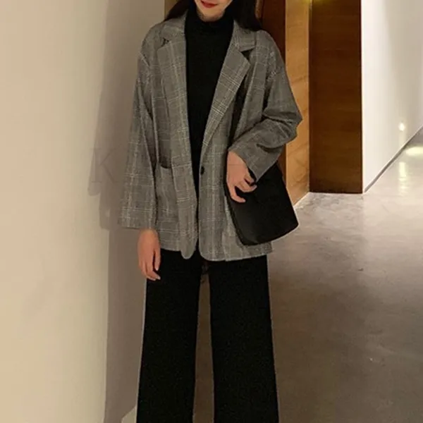 Kirahosi 캐주얼 심플 체크 무늬 미디 롱 자켓 여성 데일리 춘추 양복 상의 긴소매 409호+ 덧신 증정 A25n8sb