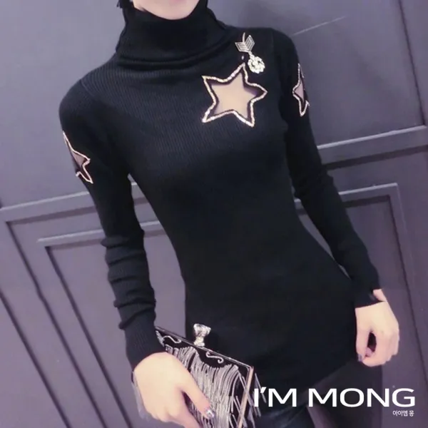아이엠몽 여성 폴라넥 골지 섹시 슬림핏 목티 별 트임 포인트 긴팔 티셔츠 블랙 섹시룩 클럽룩 파티코디 파티룩 추천 홀복 상의 여자니트 MC스타폴라우SA