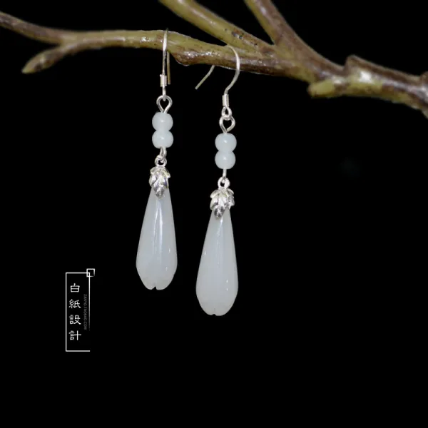 어반30 비취 옥 귀걸이 순은 후크 알레르기 방지 롱 기질의 백옥꽃 귀