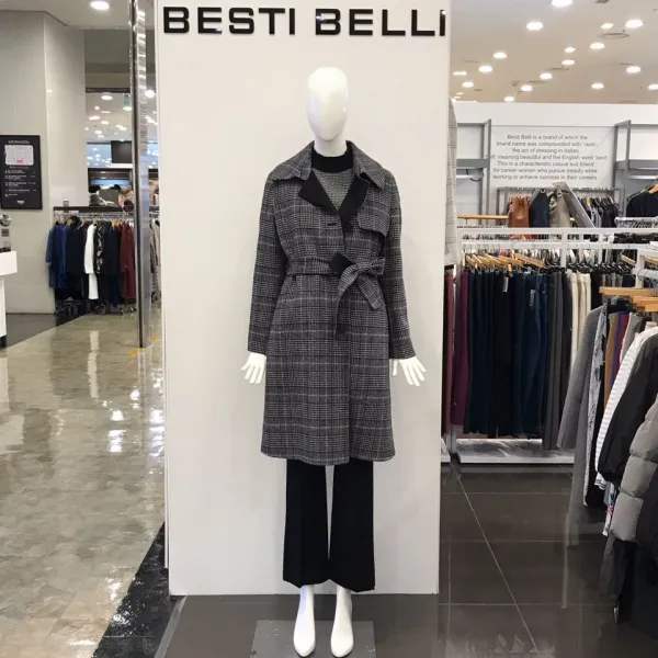 베스띠벨리 2019 겨울 투톤 카라넥 잔체크 벨트 포인트 모직 정장 코트