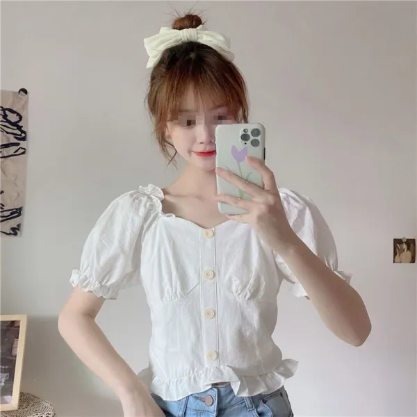 [해외 직송]뉴타임즈 풋풋한 디자인 상의 칼라 측은 소수파 퍼프 소매 상의 여 허리 조임 QH72 C11