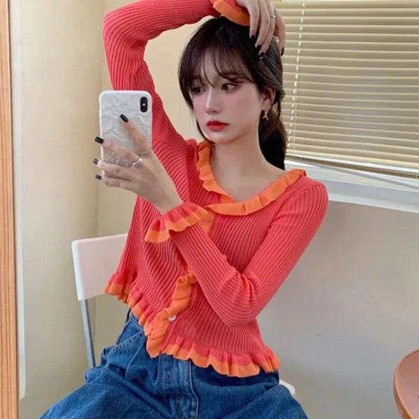 마일리 배색프릴 골지 니트 브이 가디건