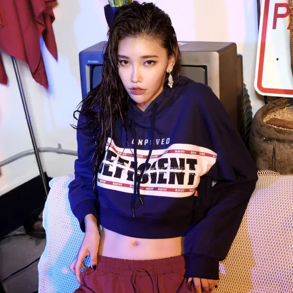 바우스트 배꼽티 디피션트 네이비색 크롭후드집업 후드티