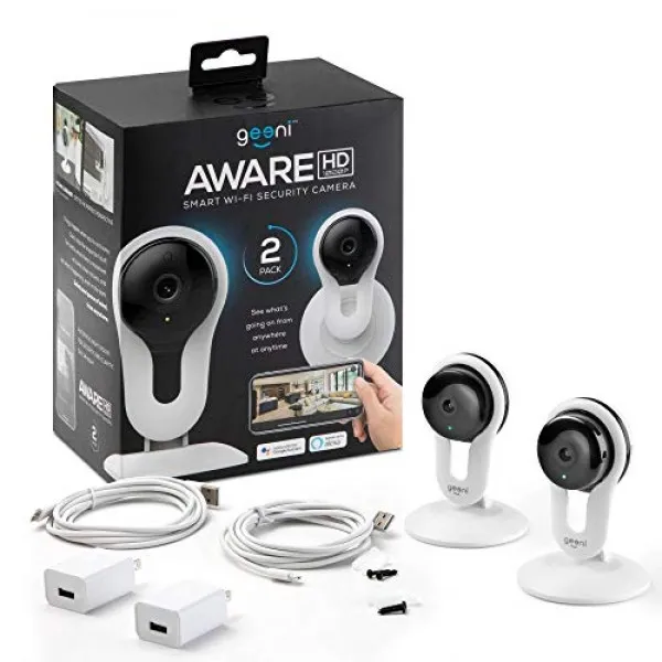 Geeni Aware 1080p 양방향 스마트 홈 보안 카메라 야간 투시경 및 동작 경보 기능 Alexa 및 Google Assistant와, 단일상품