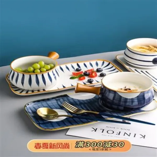 예쁜그릇 카와시마야 일식식기 그릇 세트 1인식 수저 1인 세련된 아침 식사 접시 가정용, 03 블루라인 아침식사세트(예매 4월초발)
