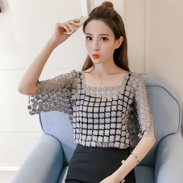 나루히나 루블라우스 달다 계 여성 여름 디자인 감각 와이드 루즈핏 숏 펀칭 고급 반팔셔츠