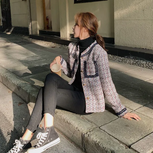 Okseller1 고급스러운 레인보우 트위드 자켓