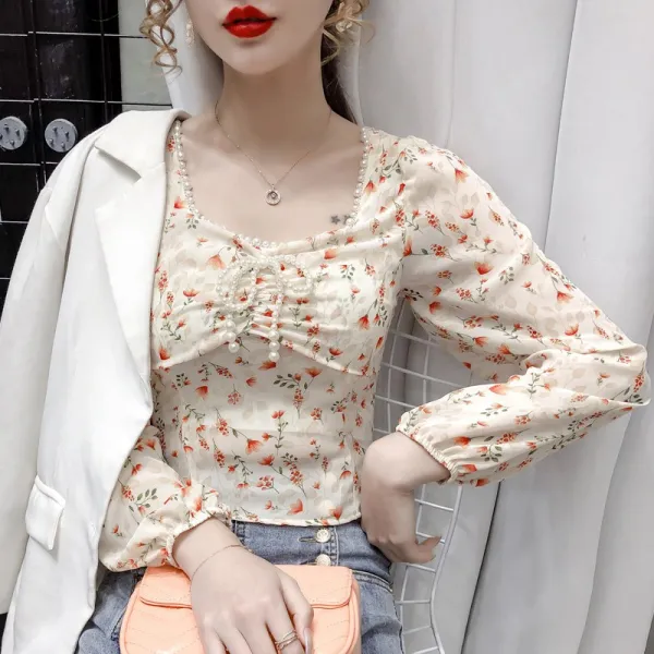 안트라카드 플라워 셔츠 여성 감각 보이핏 볼륨 가을옷 숏 스퀘어넥 구슬장식 스타일리쉬